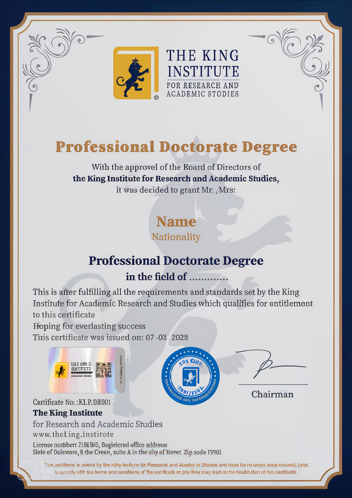 Professional Doctorate Degree Certificate Template